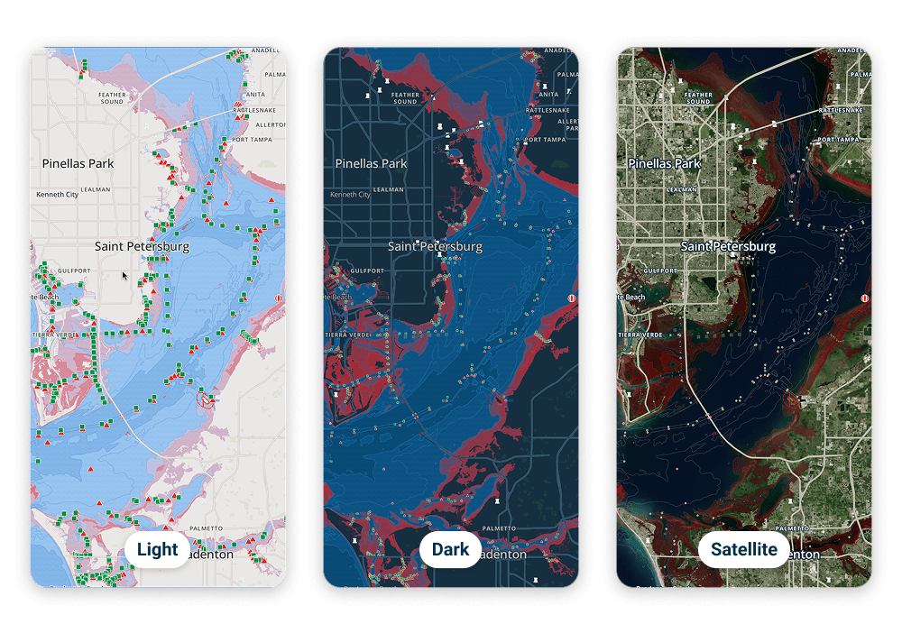wavve boating app satellite view, dark view and regular view
