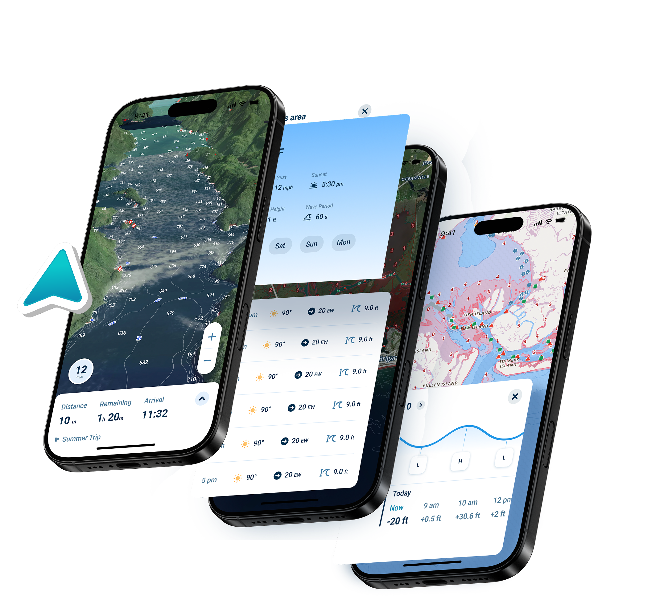 Three phones displaying satellite navigation, weather, and tides features.